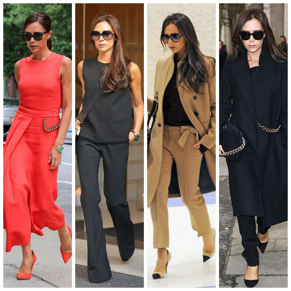Victoria Beckham usando monocromático e tons terrosos no seu estilo elegante