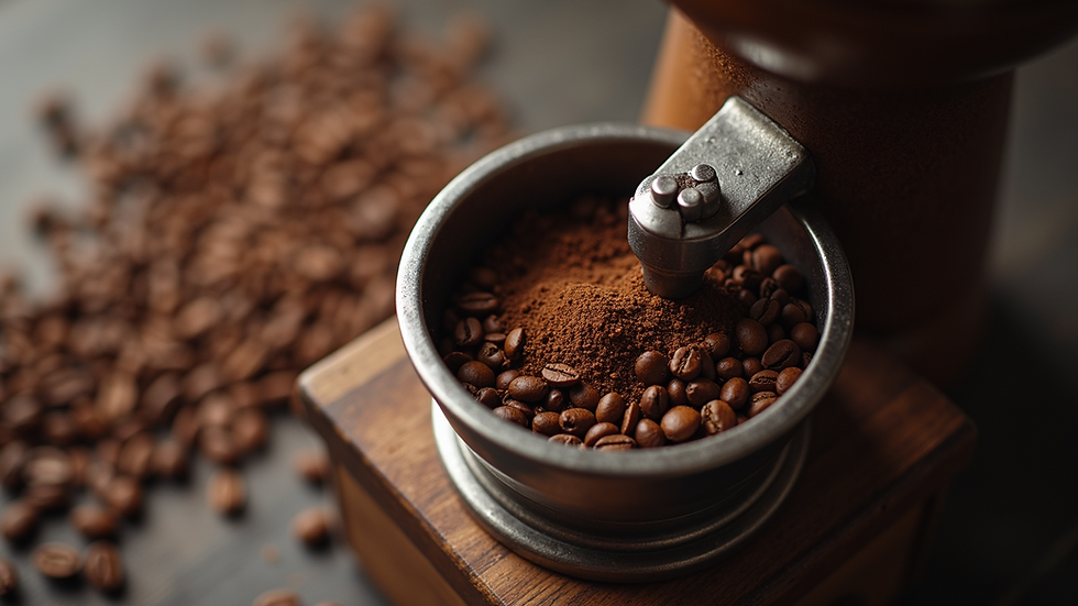 Eye-level view of coffee beans being ground in a burr grinder