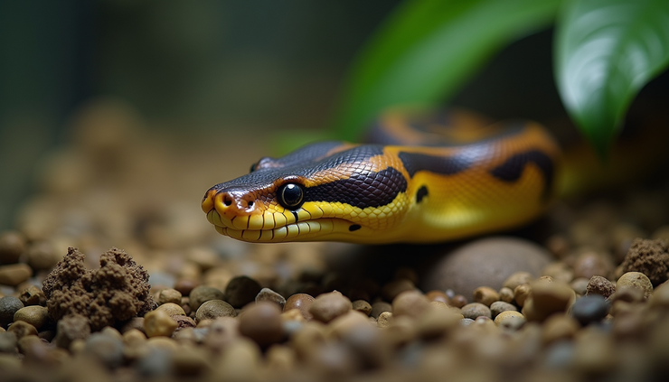 Eye-level view of a ball python resting on natural substrate inside a rescue enclosure