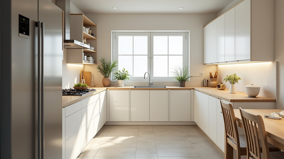 Wide angle view of a modern kitchen with freshly refinished cabinets and bright lighting