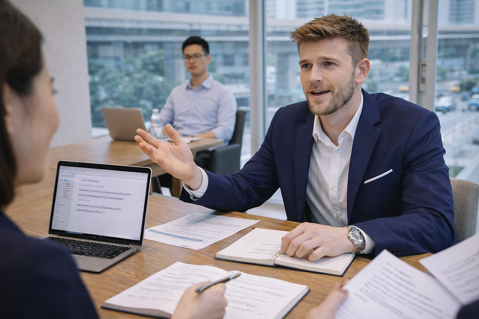 Foreign professional speaking confidently in a workplace meeting
