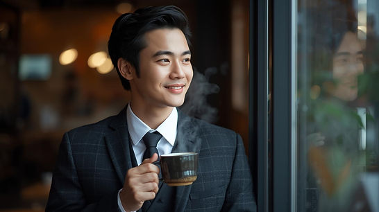 一位年輕帥氣的亞洲男子著了西裝正在咖啡室低頭享受他的咖啡.jpg