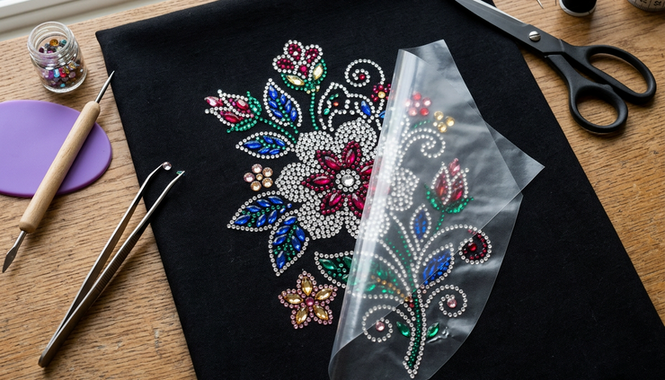 Overhead view of a rhinestone heat-transfer motif arranged on fabric.