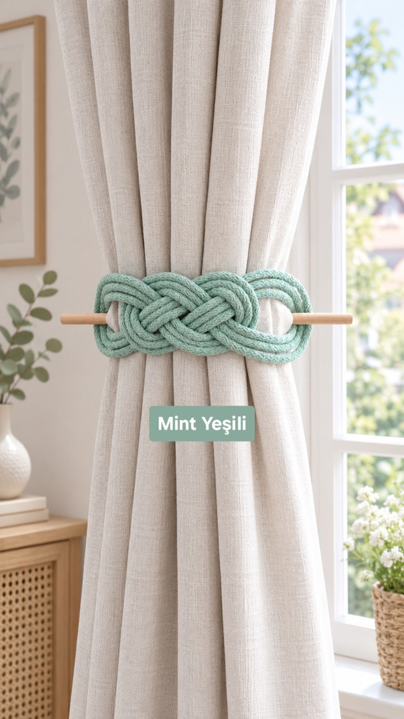 Fon Perde Bağı Mint Yeşili 06 – El Yapımı Perde Tutacağı 2'li Set