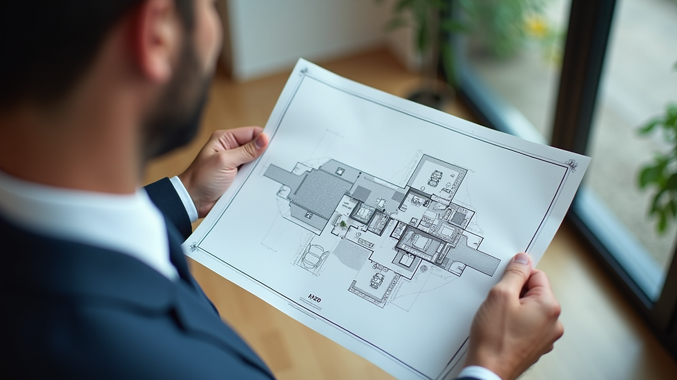 High angle view of a real estate agent showing a house plan