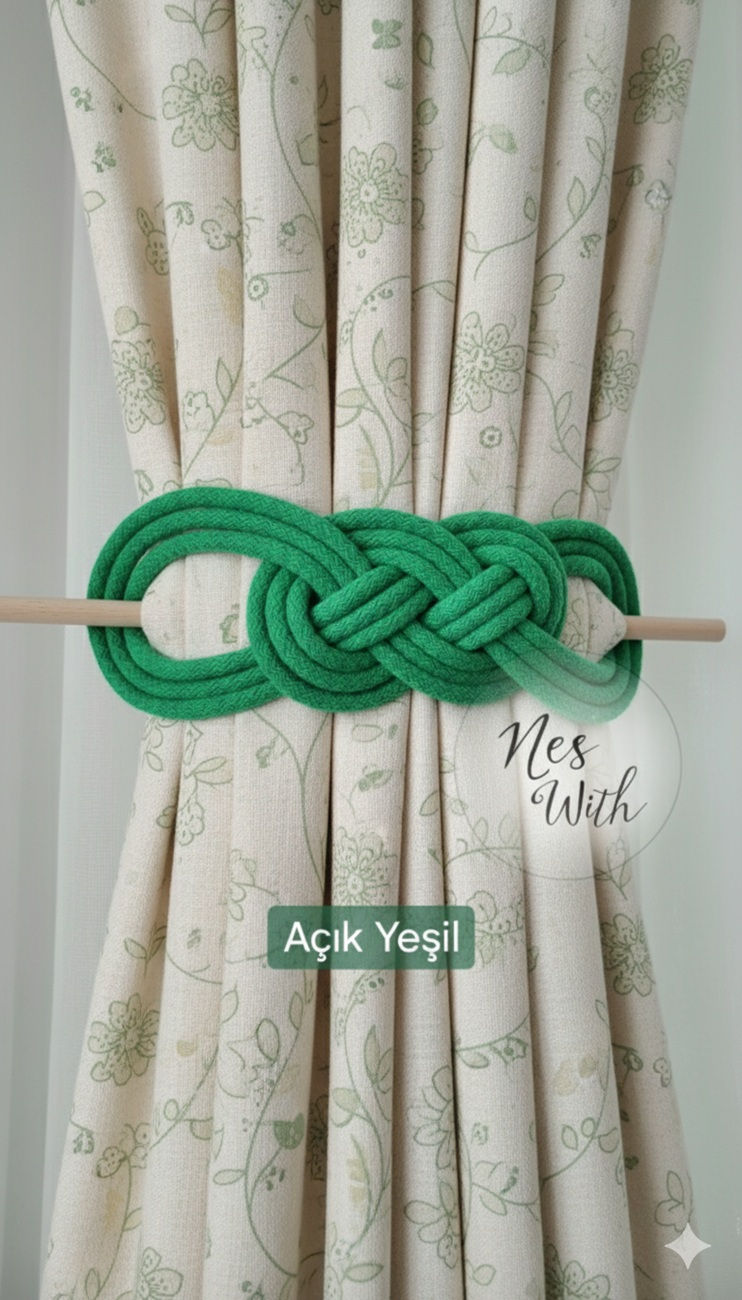Fon Perde Bağı Açık Yeşil – El Yapımı Perde Tutacağı 2'li Set