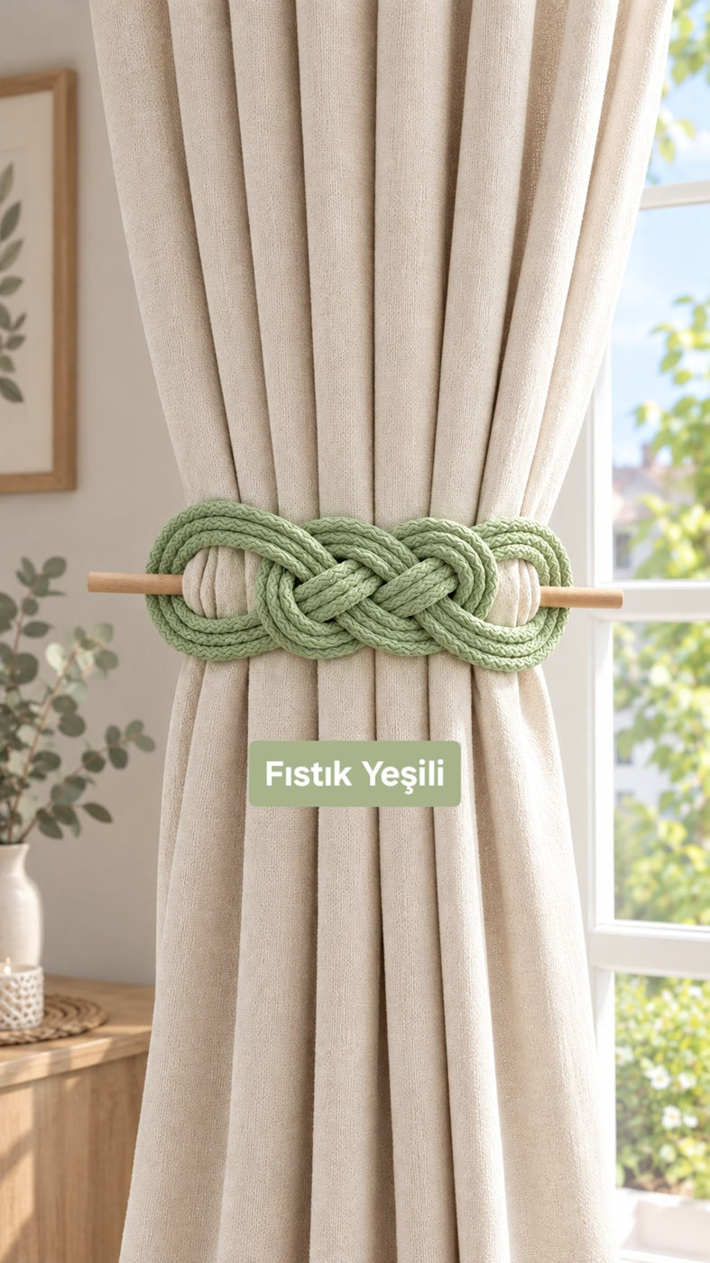 Fon Perde Bağı Fıstık Yeşili – El Yapımı Perde Tutacağı 2'li Set
