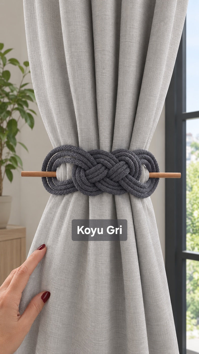 Fon Perde Bağı Koyu Gri – El Yapımı Perde Tutacağı 2'li Set