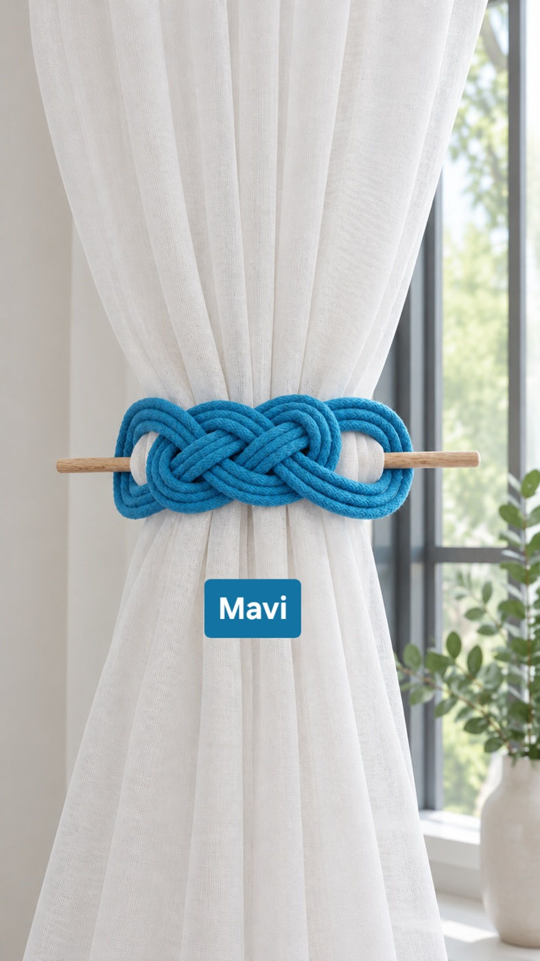 Fon Perde Bağı Mavi 02 – El Yapımı Perde Tutacağı 2'li Set