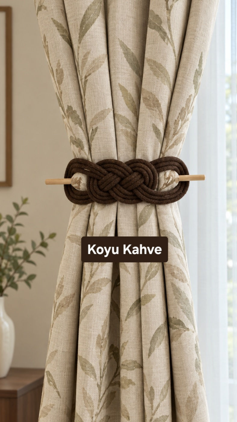 Fon Perde Bağı Koyu Kahve – El Yapımı Perde Tutacağı 2'li Set