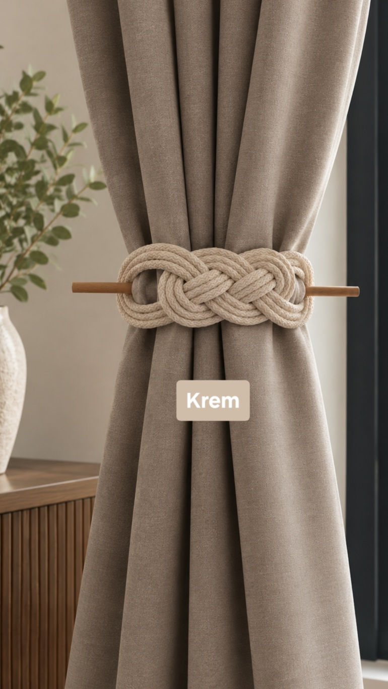 Fon Perde Bağı Krem – El Yapımı Perde Tutacağı 2'li Set