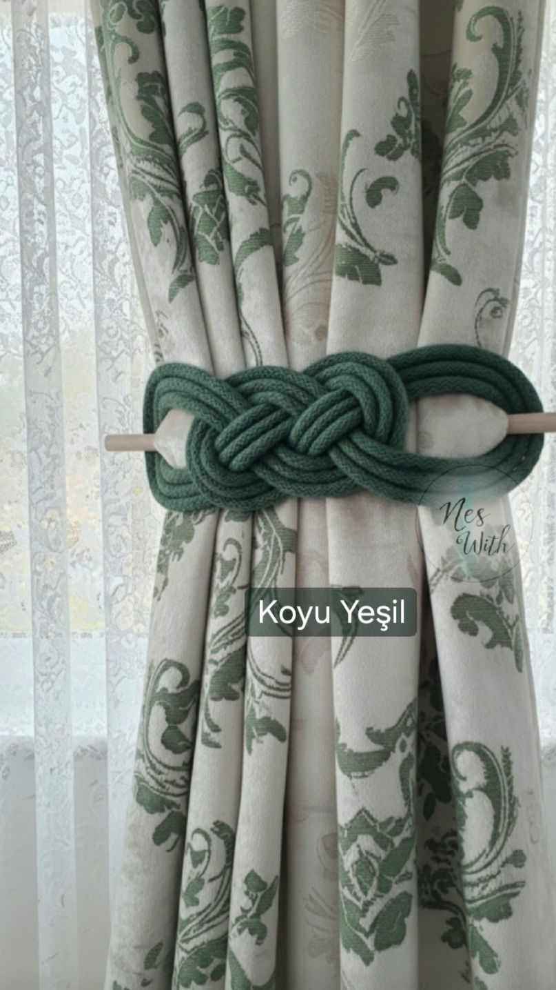 Fon Perde Bağı Koyu Yeşil – El Yapımı Perde Tutacağı 2'li Set