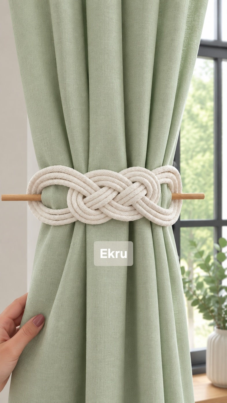 Fon Perde Bağı Ekru – El Yapımı Perde Tutacağı 2'li Set