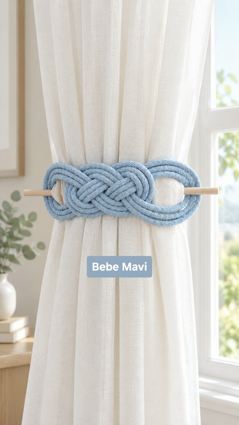 Fon Perde Bağı Bebe Mavi – El Yapımı Perde Tutacağı 2'li Set
