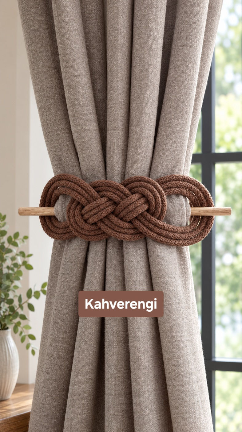 Fon Perde Bağı Kahverengi – El Yapımı Perde Tutacağı 2'li Set