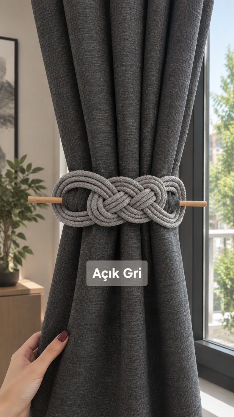 Fon Perde Bağı Açık Gri – El Yapımı Perde Tutacağı 2'li Set