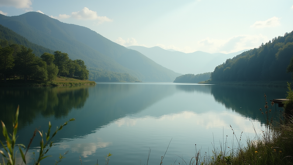 Wide angle view of a serene French lake surrounded by trees and hills