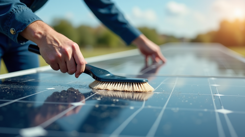 Close-up view of a person cleaning solar panels with a soft brush