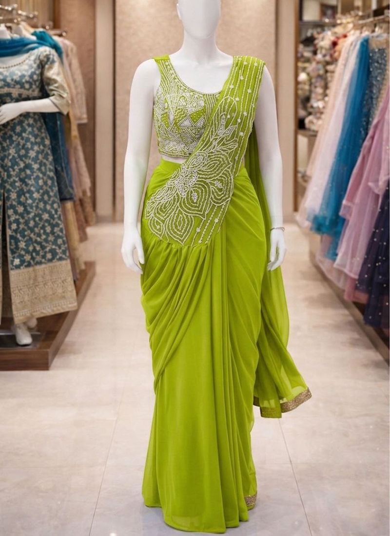 Thumbnail: Lime Green Georgette Embroidery Work Party Wear Readymade Saree
