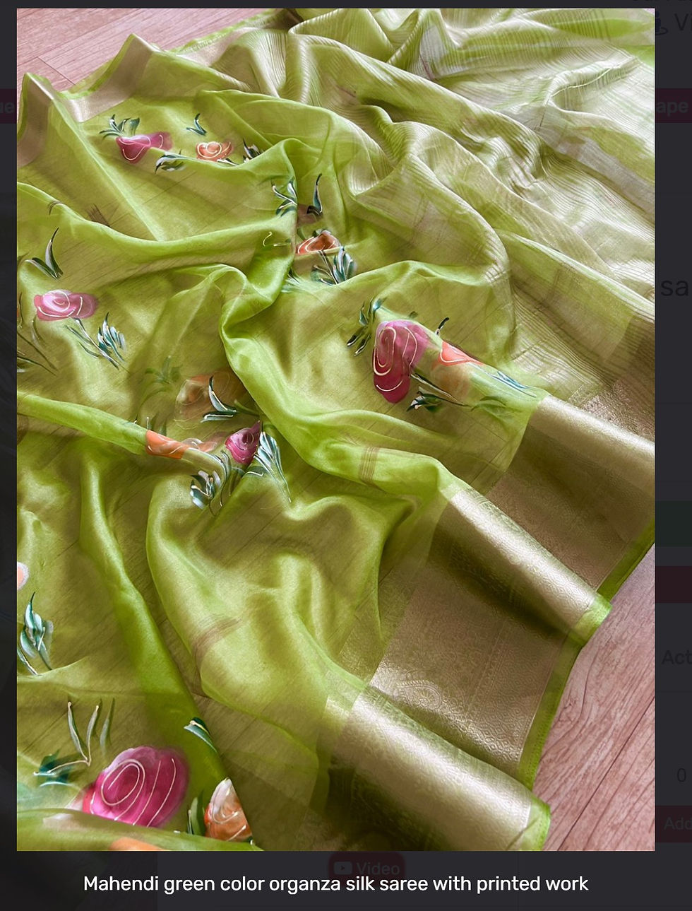 Thumbnail: Mahendi green color organza silk saree with printed work