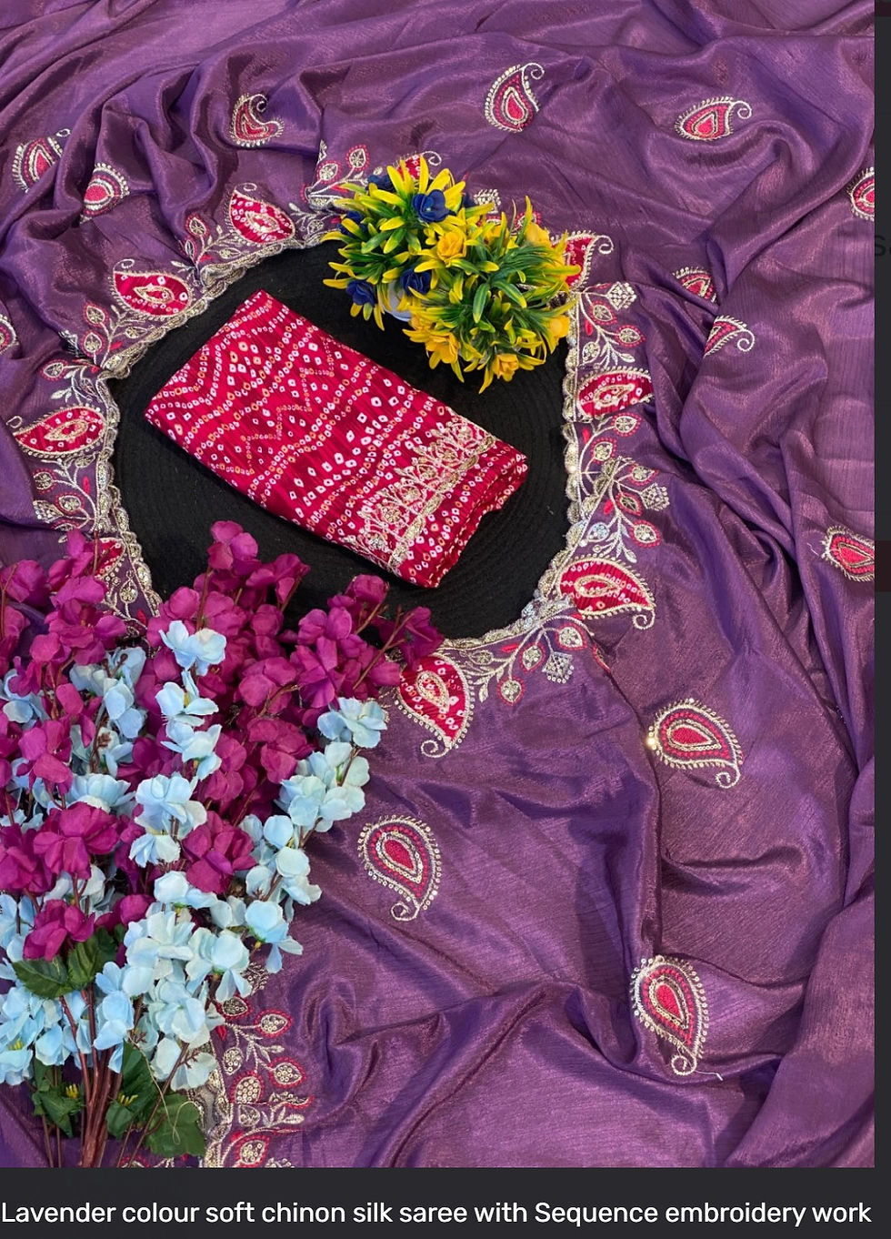 Thumbnail: Lavender color chinnon silk saree with ready made blouse