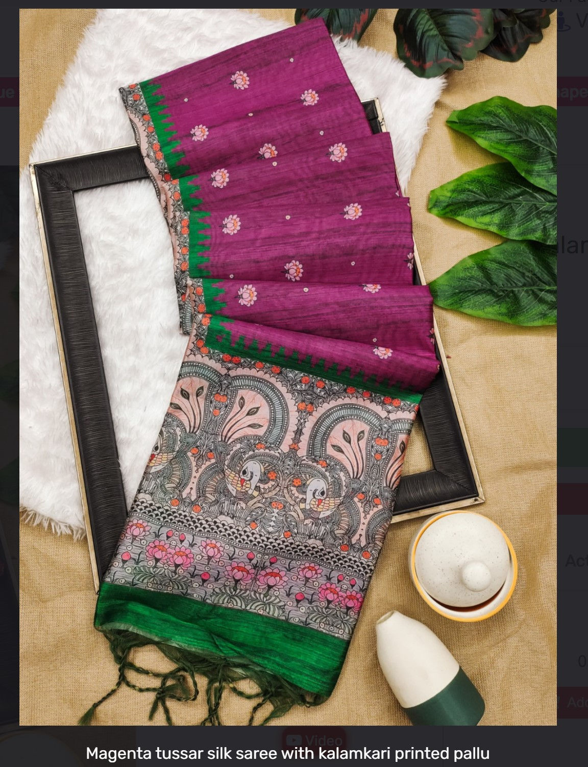 Magenta tussar silk saree with kalamkari printed pallu