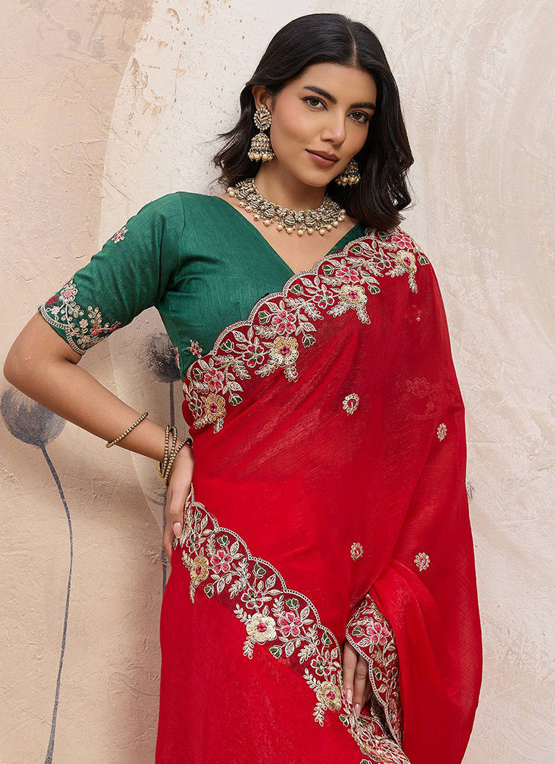 Thumbnail: Red Soft Space Silk Embroidery Work Designer Wear Saree