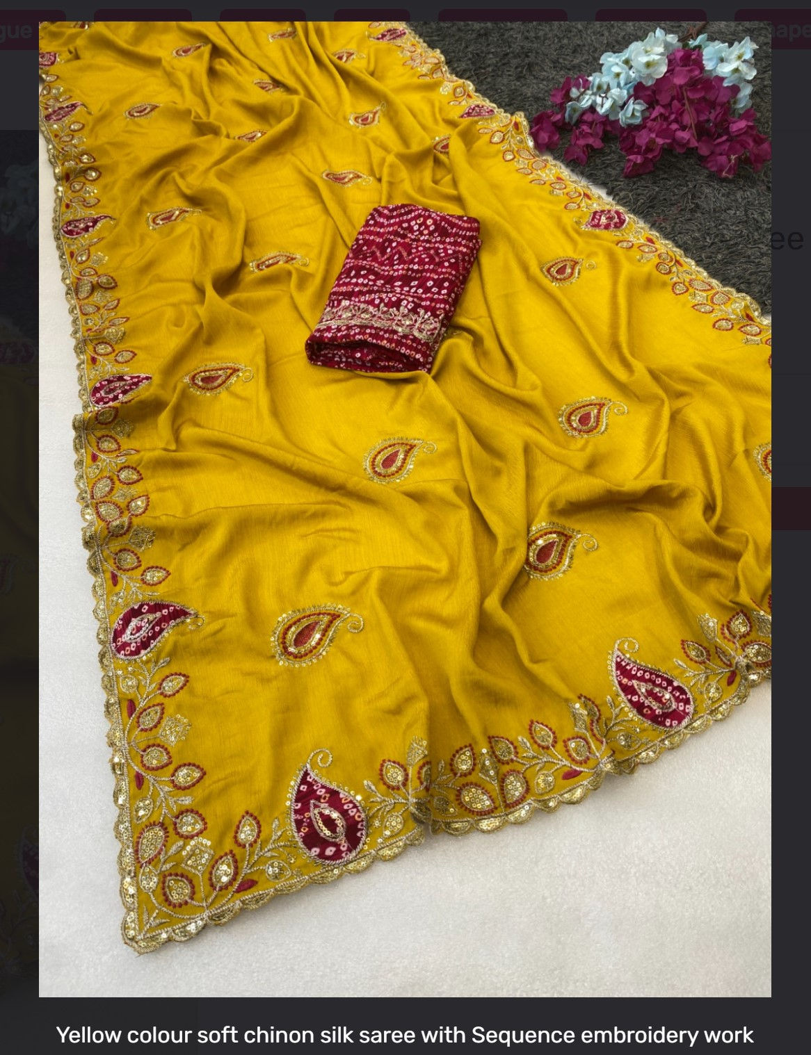 yellow color soft chinnon silk saree with ready made blouse