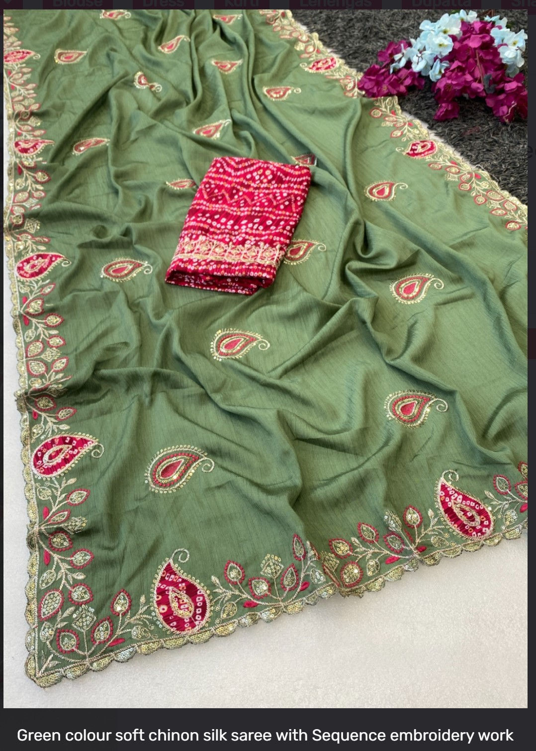 Green color soft chinnon silk saree with ready made blouse