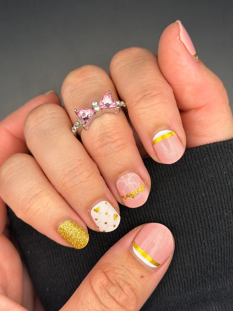 Thumbnail: Disney wedding nail wraps – Heir to a Dream soft pink and gold castle inspired nails