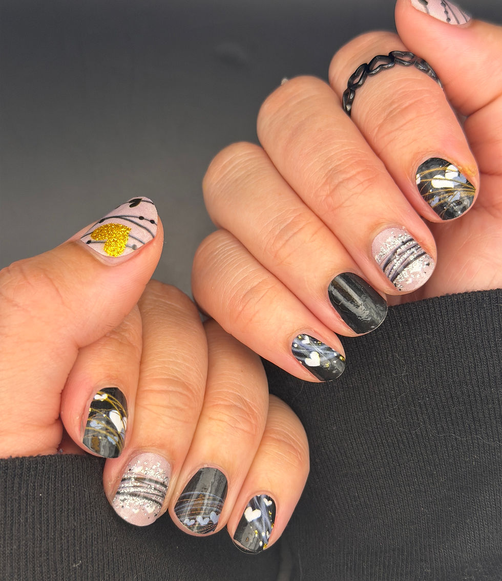 Thumbnail: Valentine nail wraps – Heartstrings design with gold glitter, hearts and elegant black details
