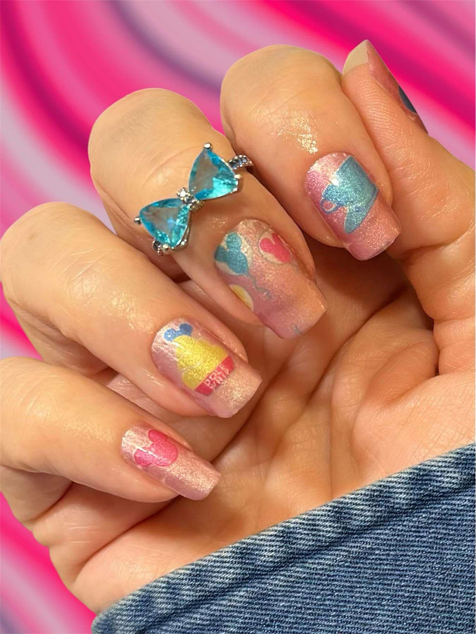 Thumbnail: Disney-themed manicure featuring magical snacks, Mickey balloons, and sparkle finish