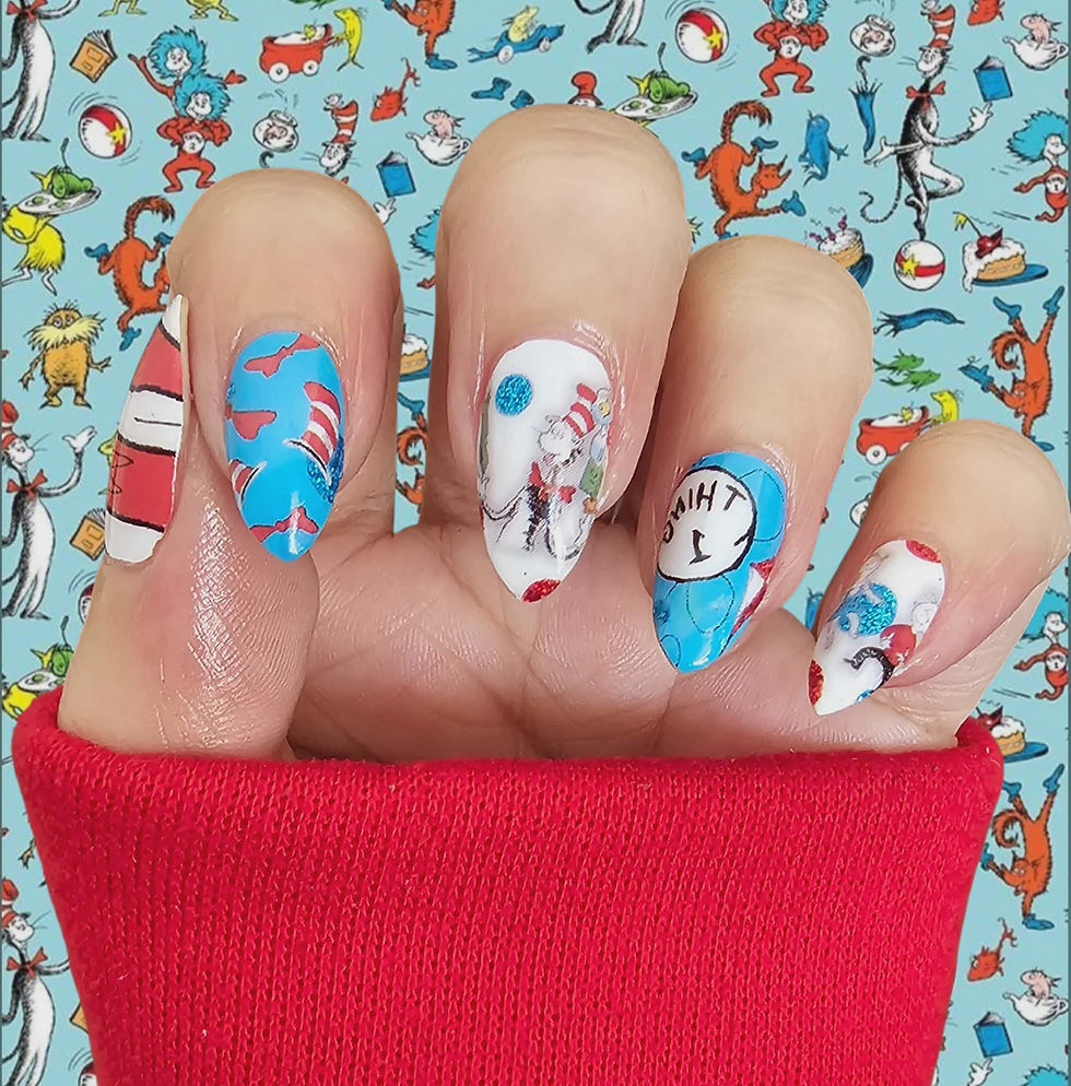 Thumbnail: Look at That Hat Dr Seuss inspired nails – playful book themed manicure for teachers and Seuss lovers