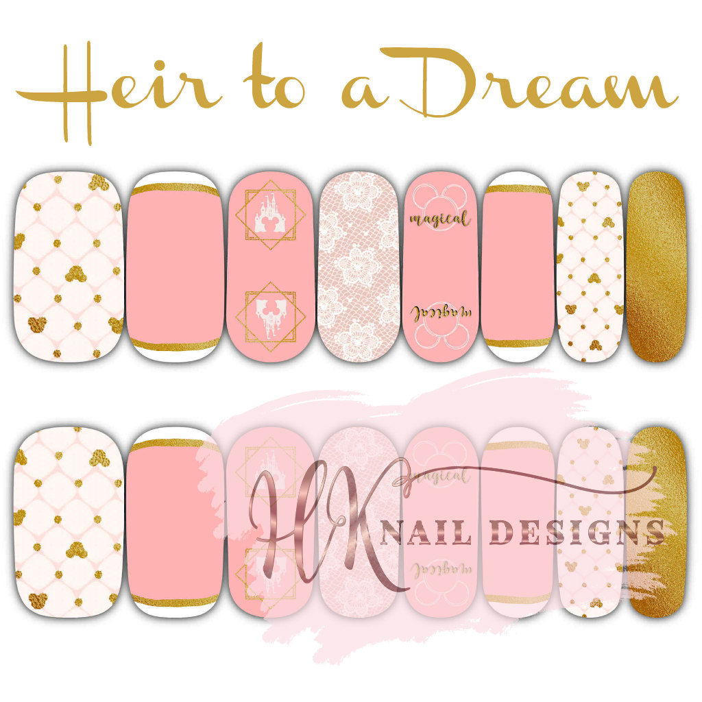 Heir to a Dream Disney inspired nail wraps – blush pink nails with lace details and gold accents