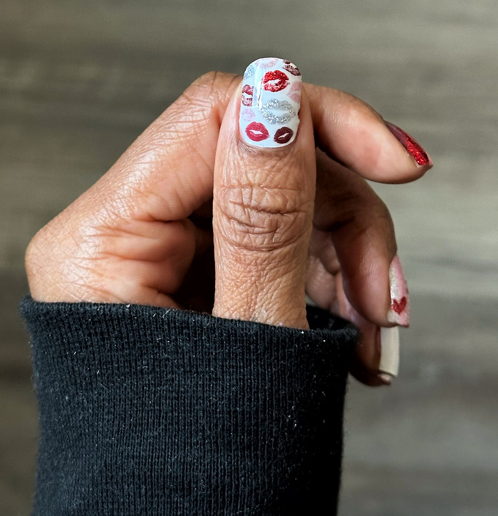 Thumbnail: Kiss Me Later Valentine nail wraps – romantic heart and kiss print nails for February