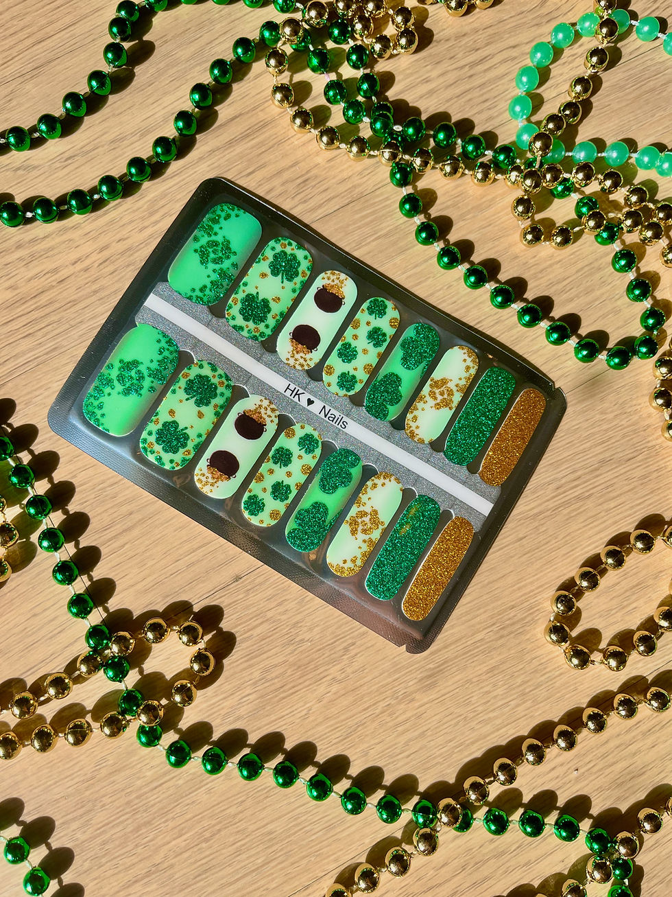Thumbnail: Luck of the Irish St Patrick’s Day nail wraps – festive green and gold March nail designs