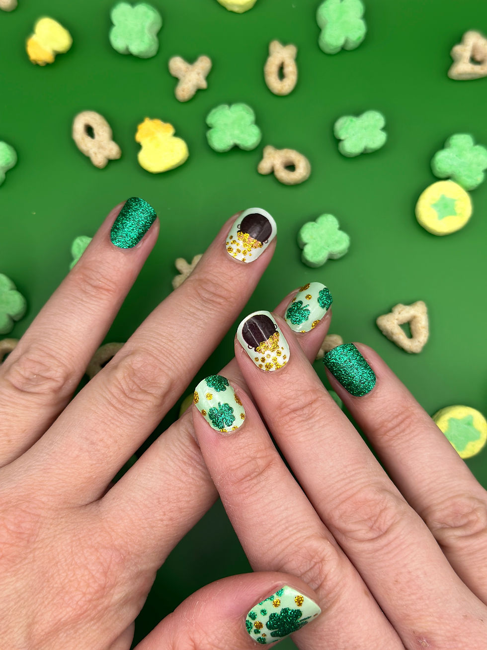 Thumbnail: Luck of the Irish St Patrick’s Day nail wraps – green and gold shamrock nails with glitter accents