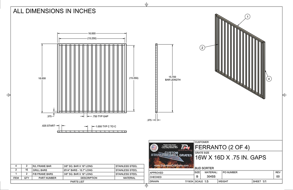 Thumbnail: FERRANTO - 16W X 16D X .25 TO 1IN. GAPS - BUD SORTING GRATES SET OF 4