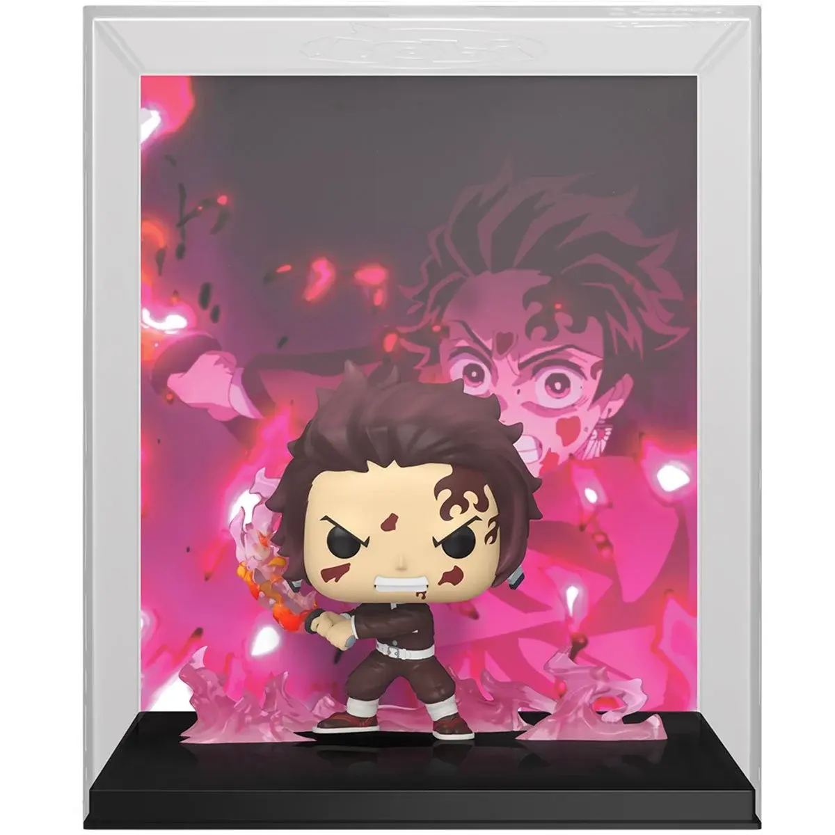 Tanjiro Kamado Funko Pop figure in a display case with a pink background.