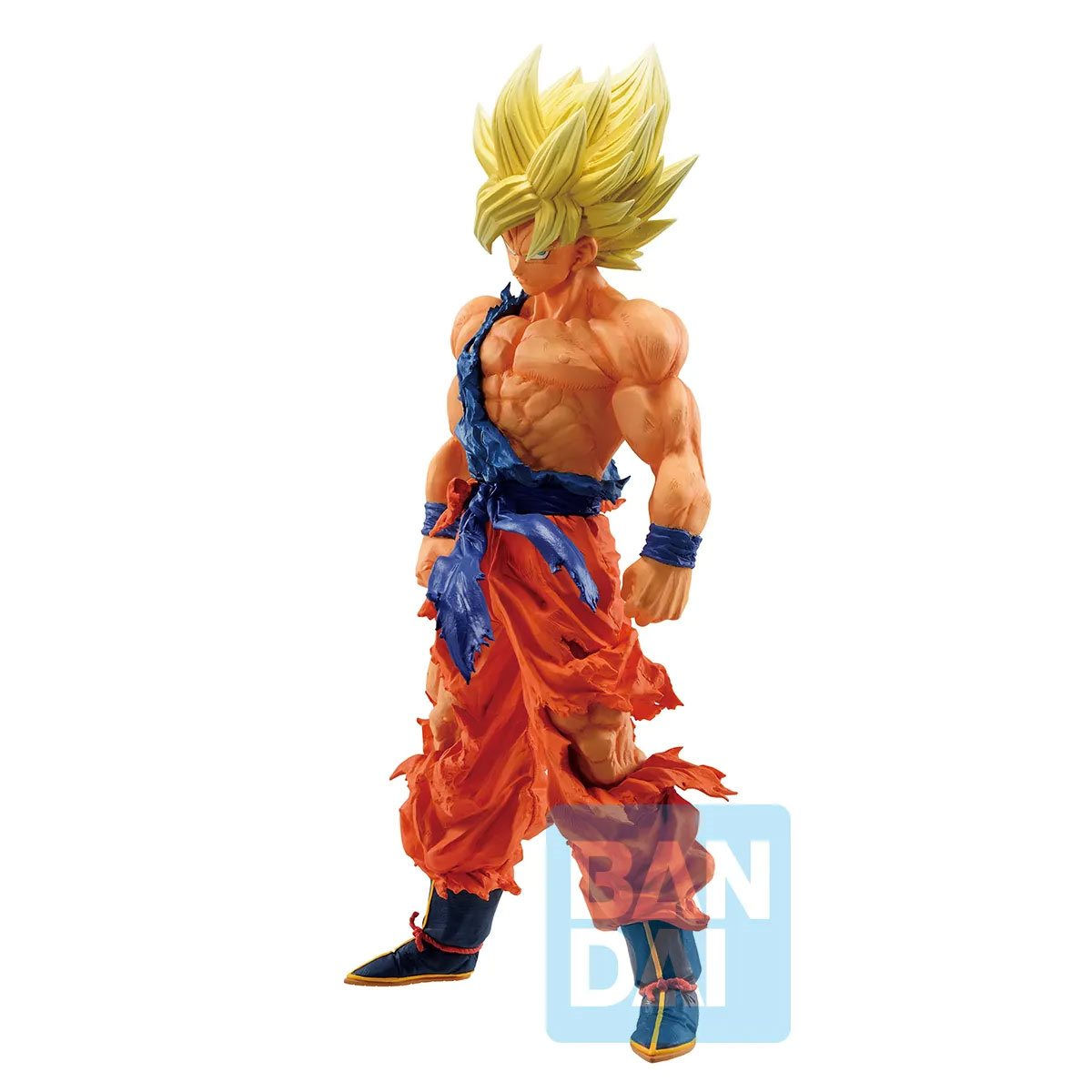 Goku in orange and blue attire with yellow hair and muscular build.