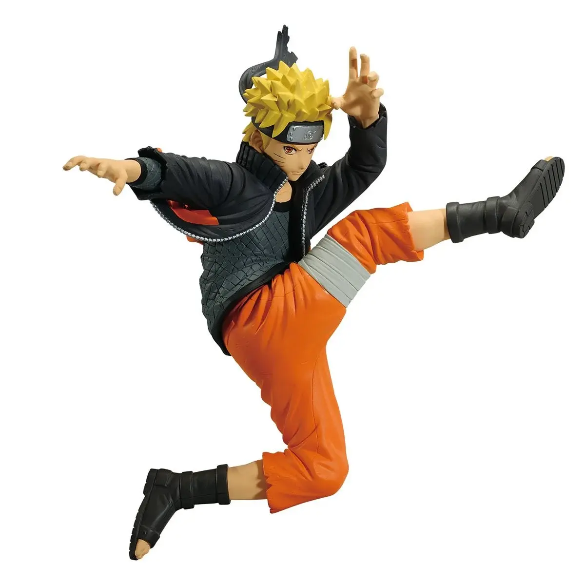 Naruto figure leaping in action with orange pants and boots, dynamic pose, isolated.