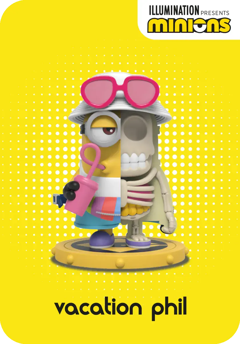 Thumbnail: Minion toy with a half skeleton and wearing sunglasses standing on yellow.