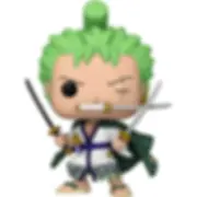 One Piece Roronoa Zoro Funko Pop figure with green hair and swords.