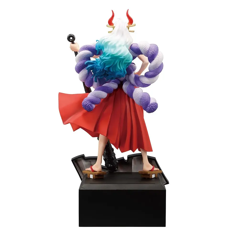 Thumbnail: Yamato figure from One Piece anime, wearing red dress and sandals, standing.