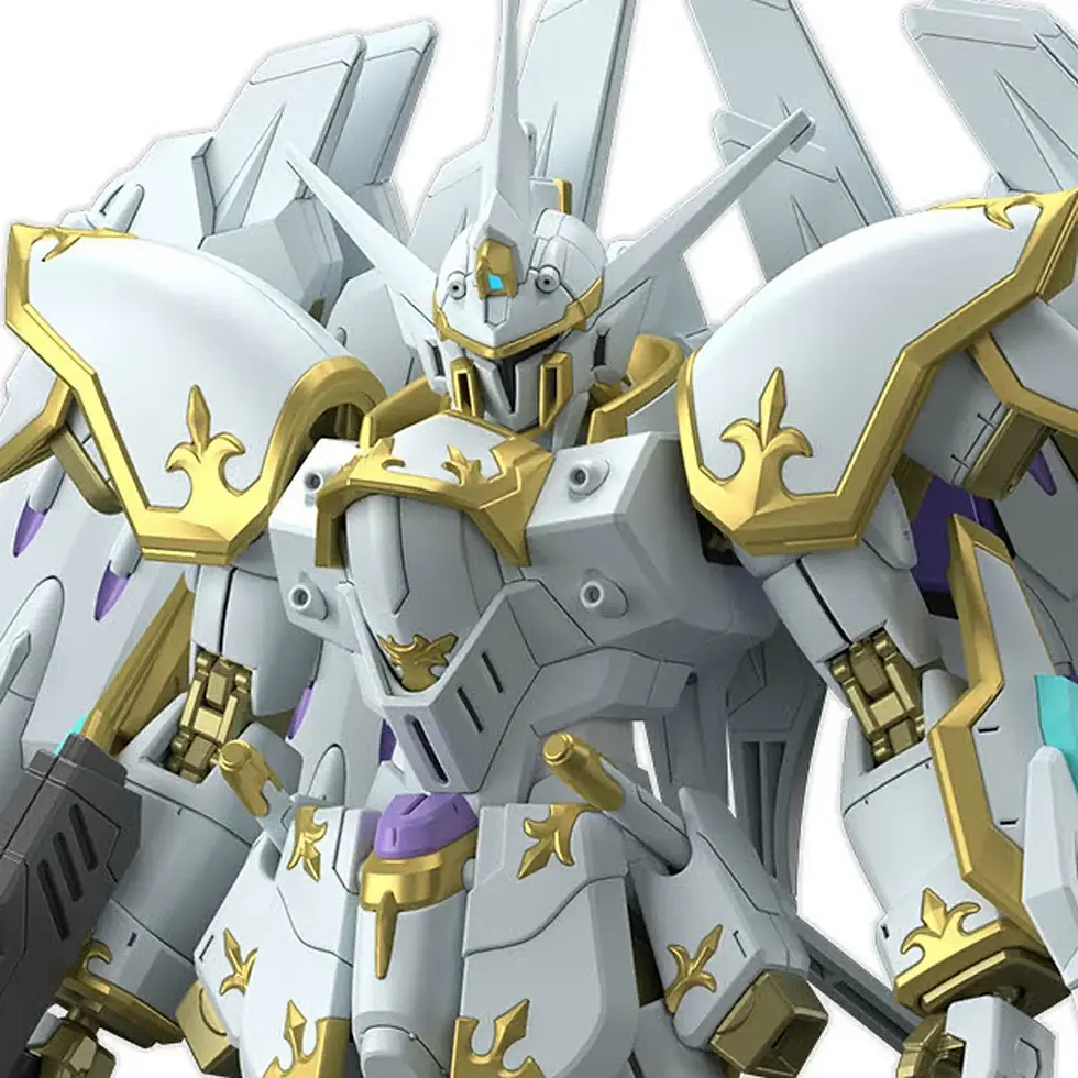 Thumbnail: White and Gold Robot with intricate details and wings, ready for action