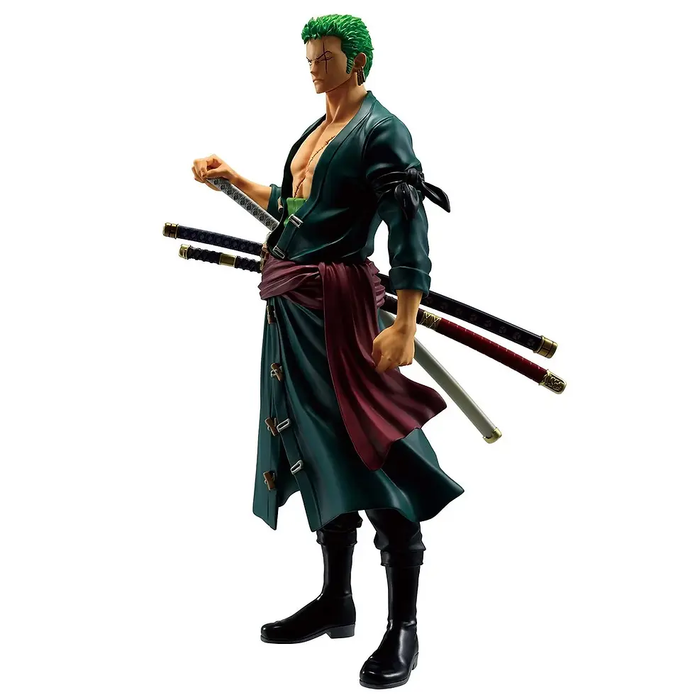 Thumbnail: Roronoa Zoro figure with swords, green attire, and a determined stance on display.