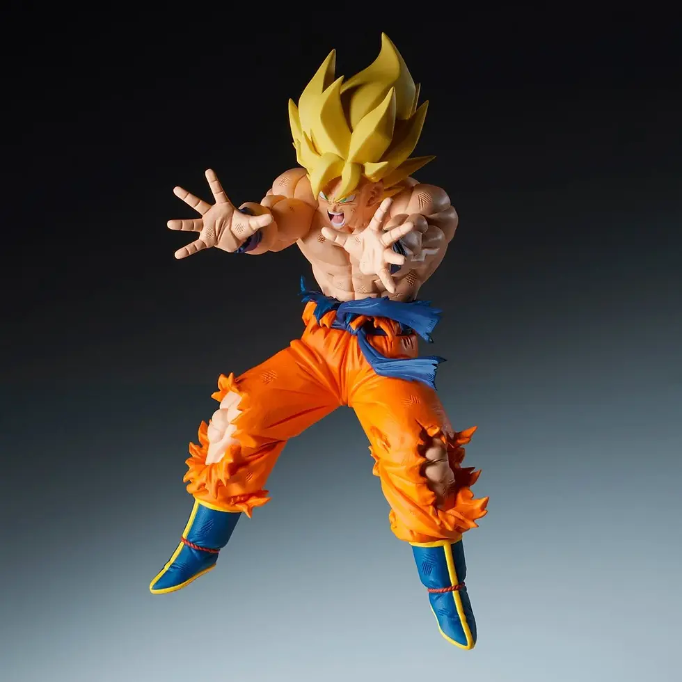 Thumbnail: Goku figurine in action pose with orange pants and blond hair background.