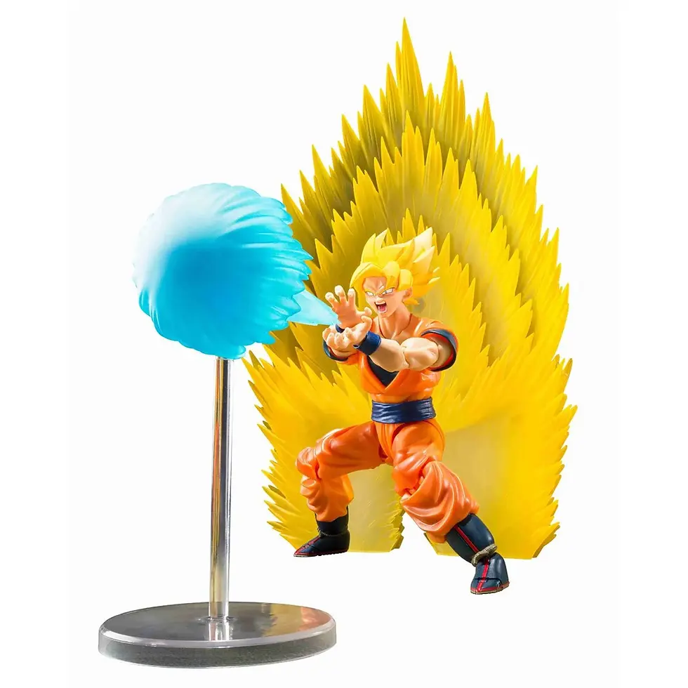 Thumbnail: Goku figurine launches a blue energy blast with powerful yellow aura background.