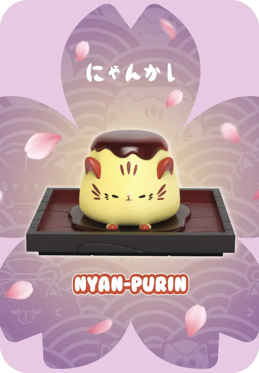 Thumbnail: Nyan-Purin pudding toy on a wooden tray with Japanese text and background.