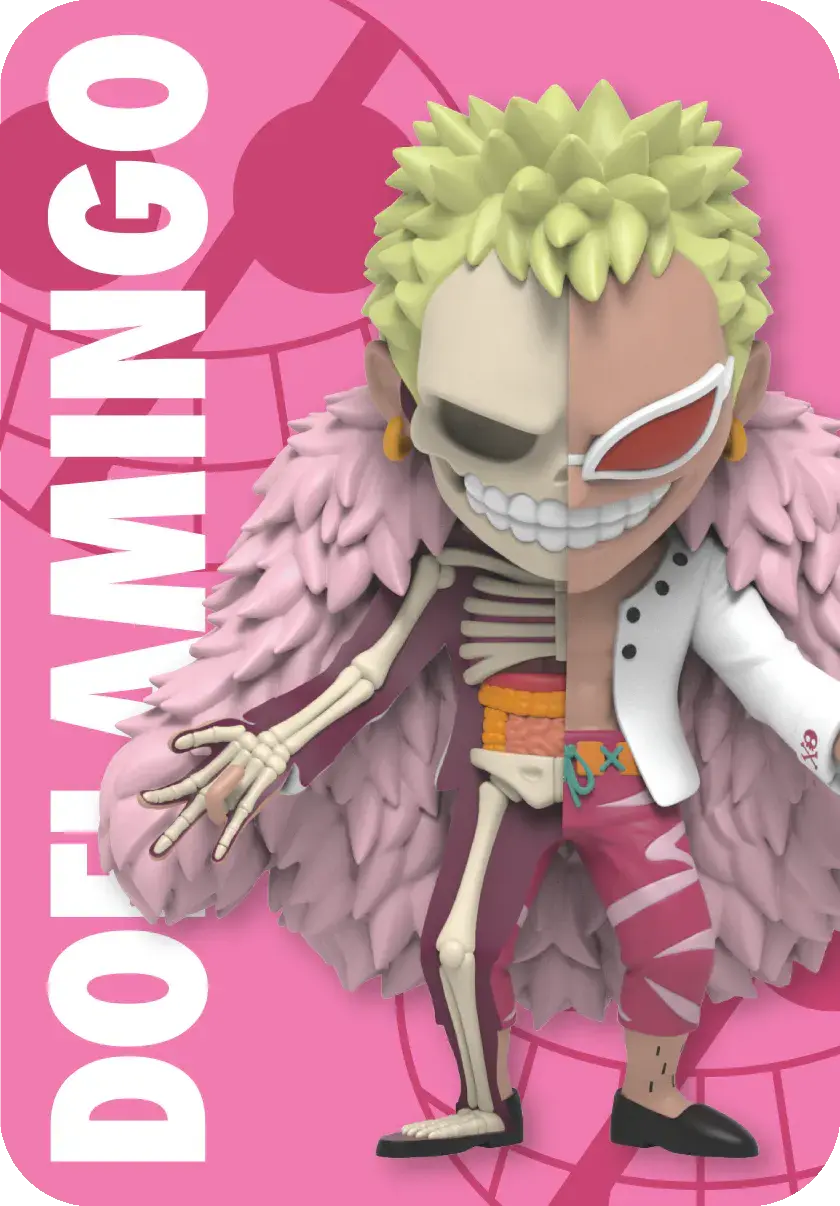 Thumbnail: Doflamingo dissected figurine with visible text. MIGHTY JAXX FREENY’S HIDDEN DISSECTIBLES: ONE PIECE.